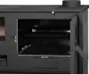 Close-up view of the interior of a black wood-burning stove, showing the oven compartment with dimensions indicated. Produktbild-Vorschau