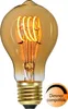 A close-up studio shot of an amber-colored LED light bulb with a spiral filament, set against a white background. A circular graphic indicating dimmer compatibility is visible in the lower right corner. Podgląd zdjęcia produktu