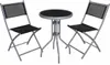 A garden bistro set with a round table and two folding chairs, all made of metal with black fabric seats and backs. Produktbild-Vorschau