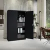 A black metal filing cabinet with its doors open, revealing shelves filled with binders and boxes, in a modern office setting with a desk and chair in the background. Voir les images du produit