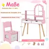 A pink children's vanity set with a chair, showing dimensions and included accessories. Podgląd zdjęcia produktu