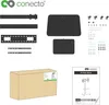 An image showing the components and packaging of a TV stand, along with an instruction manual. Produktbild-Vorschau