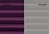 A split image showing the front and back of a pleated blind. The left side shows the purple front with the text 'Vorderseite' (Front side) and the right side shows the gray back with the text 'Rückseite' (Back side). Produktbild-Vorschau