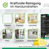 A collage of images showing different floor types that can be cleaned with the product, along with a bottle of the cleaning product and lemons. Produktbild-Vorschau