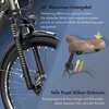 Close-up of an e-bike's front fork and seat, with text overlays highlighting features. Produktbild-Vorschau