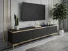 A modern living room with a black and gold TV stand and a large television mounted on the wall. Produktbild-Vorschau