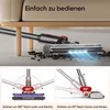 A vacuum cleaner head is shown cleaning debris from a carpet, with diagrams illustrating its maneuverability. Produktbild-Vorschau