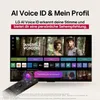 A promotional image for an LG TV showcasing its AI Voice ID feature with a screenshot of the TV interface and a remote control. Produktbild-Vorschau