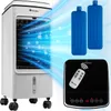A white air cooler with blue accents and cooling effects, accompanied by two blue ice packs and a remote control. Náhled obrázku produktu
