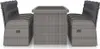 A grey rattan outdoor dining set with cushions, including two chairs and a table, is shown against a white background. Produktbild-Vorschau