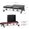 A top-down view and a front view of a table-top gas grill with dimensions and specifications shown. Produktbild-Vorschau