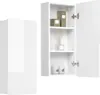 A white high-gloss bathroom cabinet with its door open, revealing shelves with decorative items. Produktbild-Vorschau