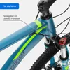 Close-up view of a blue mountain bike's frame and front fork, highlighting specific features with text overlays. Produktbild-Vorschau