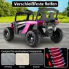 A pink and black ride-on toy car is shown from a rear-side angle, with a background of trees and a road. Below the car are three smaller images showing different ground surfaces (pavement, sand, asphalt) and a diagram of a red coil spring with arrows indic Anteprima dell’immagine prodotto