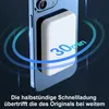 A close-up marketing image of a magnetic power bank attached to the back of a smartphone, with graphic elements indicating fast charging. Produktbild-Vorschau