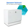 A white mini dishwasher is shown with marketing text and a graphic of water droplets. Produktbild-Vorschau