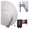 A satellite dish and its components are displayed against a white background. Produktbild-Vorschau