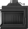 A black fireplace insert with a glass door and a chimney pipe on top, shown from the front against a white background. Produktbild-Vorschau