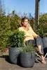 A woman sits in a garden, drinking from a glass, with two potted plants in the foreground. Náhľad obrázku produktu