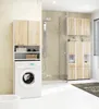 A modern bathroom with a washing machine, shower, and storage cabinets. Produktbild-Vorschau