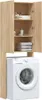 A washing machine cabinet with its doors open, revealing shelves with towels and bottles, and a washing machine underneath. Produktbild-Vorschau