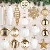 A collage of various Christmas ornaments in gold and white, with dimensions and quantities indicated. Náhľad obrázku produktu