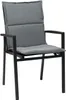 A studio shot of a gray outdoor chair cushion on a black metal chair frame. Produktbild-Vorschau