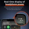 A close-up of a smartphone screen displaying headphone battery status, with marketing text above. Produktbild-Vorschau