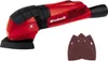 A red and black Einhell delta sander with three triangular sanding papers. Náhľad obrázku produktu