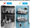 A split image showing a disorganized bathroom shelf on the left and an organized bathroom shelf with shelves on the right, demonstrating the product's use. Produktbild-Vorschau