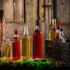 A collection of glass bottles filled with colorful liquids, arranged on a wooden surface in front of a rustic wooden door. Produktbild-Vorschau