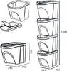 Diagrams showing dimensions and stacking configurations of white trash bins. Náhled obrázku produktu