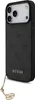 A black phone case with a repeating GUESS logo pattern and a gold charm attached to a lanyard. Náhled obrázku produktu