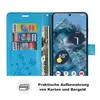 A blue flip phone case with card slots and a phone inside, next to a description of its features. Produktbild-Vorschau