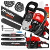 A collection of chainsaw parts and accessories, including chains, bars, tools, and oil bottles, arranged on a white background. Produktbild-Vorschau