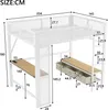 Diagram of a loft bed with integrated desk and storage, showing dimensions. Voir les images du produit