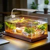 A small aquarium with plants and rocks, illuminated by an LED lamp, placed on a desk. Náhled obrázku produktu