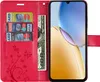 A red flip phone case with card slots and a phone inserted. Produktbild-Vorschau