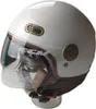 A white motorcycle helmet with brown trim and gold accents is displayed on a clear stand against a white background. Podgląd zdjęcia produktu