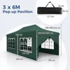 A diagram showing the dimensions of a green pop-up pavilion and its carrying bag. Voir les images du produit