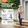 A woman stands on stairs next to a stainless steel handrail, with text overlays highlighting product features. Produktbild-Vorschau