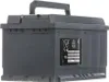 A gray car battery with a black label on a white background. Produktbild-Vorschau