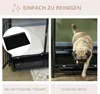 A collage showing a dog crate with a removable tray and a pug entering the crate. Náhľad obrázku produktu