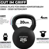A black kettlebell with text and diagrams highlighting its features and dimensions. Produktbild-Vorschau