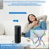 A woman relaxing on a couch while a smart speaker is in the foreground, with text overlays describing features. Produktbild-Vorschau