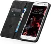 A black flip case for a Samsung Galaxy S7 edge phone, shown open with the phone inside and cards/money in the case. Produktbild-Vorschau