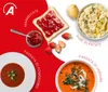 A collage of food items including jam on toast, mashed potatoes, tomato soup, and vegetable soup, with text labels. Voir les images du produit