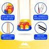 A colorful baby swing with various features highlighted by text overlays and close-up images. Produktbild-Vorschau