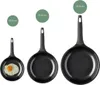Three frying pans of different sizes are displayed side-by-side on a white background. The smallest pan contains a fried egg. Circles with diameters are placed above each pan. Náhled obrázku produktu