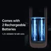 Image shows two rechargeable batteries with blue lightning effects inside a dark compartment, with text describing the batteries. Náhled obrázku produktu